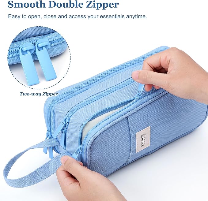 Pencil Case Pouch, Large Capacity Pencil Box Bag, Aesthetic Pen Organizer for School Supplies, Cute Preppy Stuff for Girls Boys Kids, Back to College Stationery, Dusty Blue