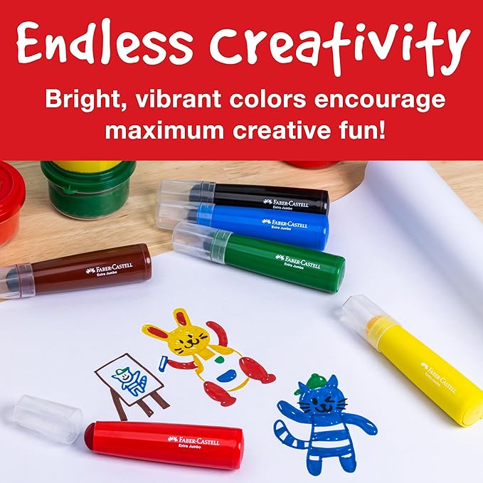 Faber-Castell Little Creatives Extra Jumbo Ultra Washable Markers for Kids - 6 Colors, Spring Craft Supplies, Art Supplies for Kids Toddlers, Preschool (Ages 3+)