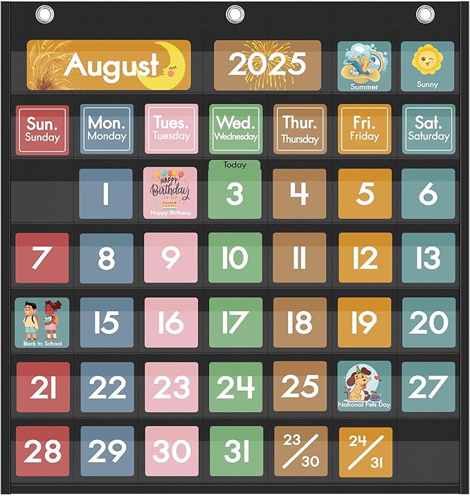 Yoink 46 Pockets Classroom Calendar Pocket Chart with 77 Cards, Daily Monthly Learning Calendar for Circle Time Weather Seasons, Preschool Kindergarten Homeschool Must Have, Teacher Supplies (Black)