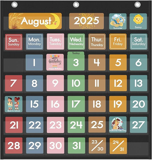 Yoink 46 Pockets Classroom Calendar Pocket Chart with 77 Cards, Daily Monthly Learning Calendar for Circle Time Weather Seasons, Preschool Kindergarten Homeschool Must Have, Teacher Supplies (Black)