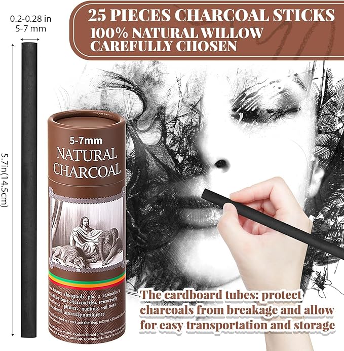 Gueevin 25 Pcs Willow Charcoal Sticks, Willow Charcoal, Artists, Beginners, Students, Perfect for Sketching, Drawing, Shading, and Fine Art Christmas Gifts for Art (5-7mm)
