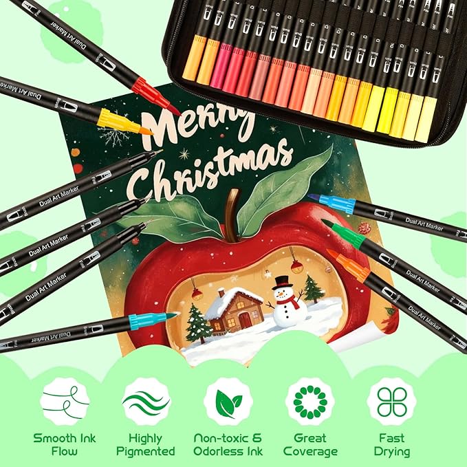 【120 Colors】Adult Coloring Book Markers No Bleed – Dual Felt Tip (Fine & Brush) Art Markers for Teens/Kids – Gel Acrylic Paint Pens Set for Sketching, Drawing, Rock Painting, Journaling, Non Bleeding.