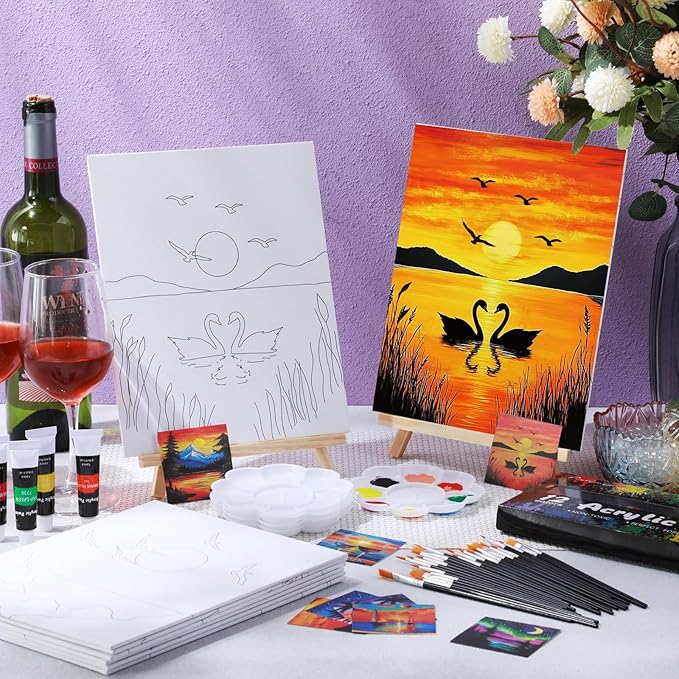 Cholemy 36 Pcs Paint and Sip Kit for Adults 8''x10'' Pre Drawn Canvas for Painting DIY Afro Acrylic Painting Kit Wood Easel Brushes Date Night Bulk for Mother's Day Party Gifts