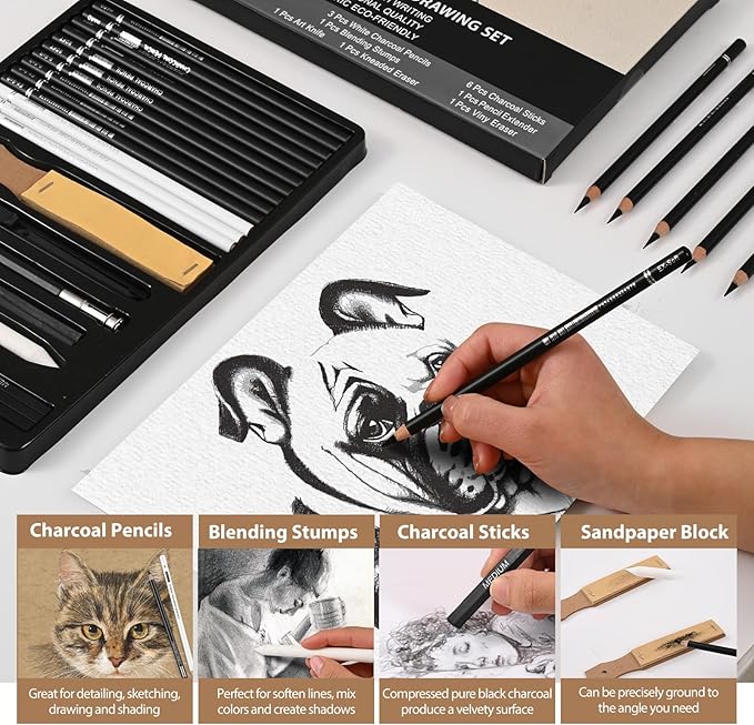GETHPEN 27 Piece Charcoal Drawing Set - Professional Black & White Charcoal Pencils for Sketching, Shading & Blending, Graphite Sticks with Artist Art Supplies Kit (Beginners & Professionals)