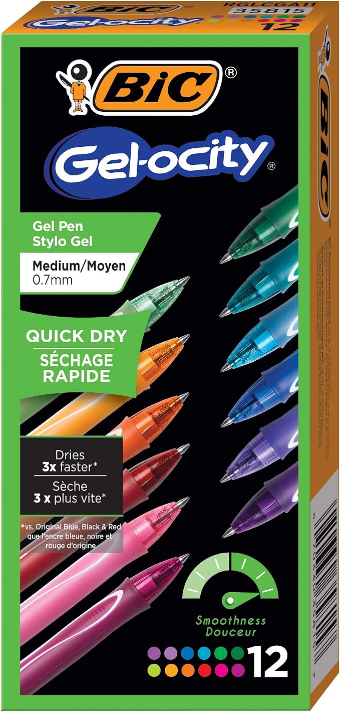 BIC Gel-Ocity Quick Dry Gel Pens, Medium Point Retractable Gel Pen (0.7mm), Assorted Colors, 12-Count- Pack of 18