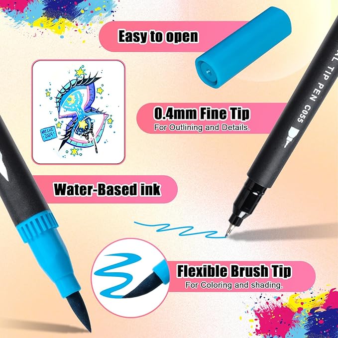 sunacme Art Supplier Dual Brush Markers Pens, 110 Artist Coloring Marker Set, Fineliner & Brush Tip Pen with Premium Case for Adults Coloring Books & Journal, Drawing, Doodlin
