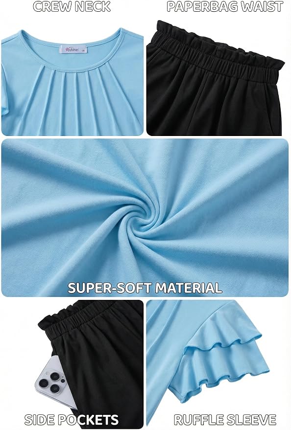 Arshiner Girls 2 Piece Outfits Summer Ruffle Sleeve Top and Paperbag Waist Shorts Set with Pockets Size 5-13 Years