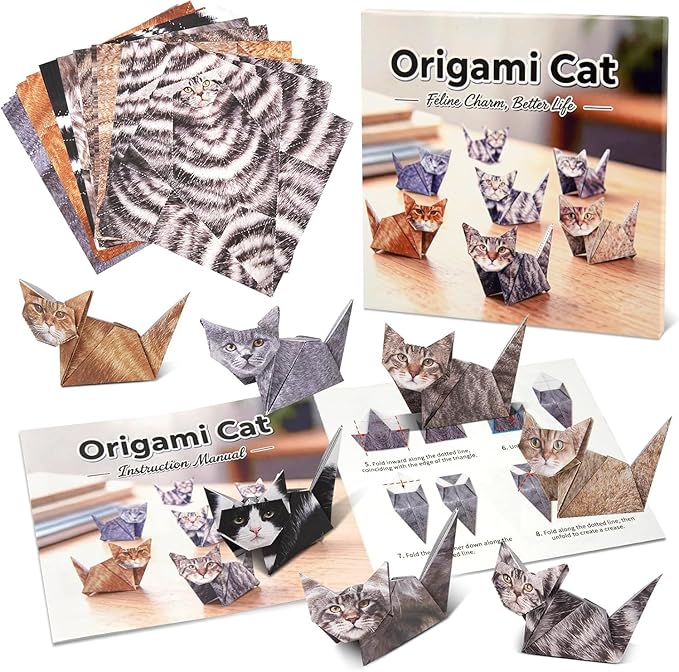 hapray 56 Sheets Origami Paper Cats with Guideing Manual & Video, Easy to Fold DIY Craft Kits for Adults, Origami Kit for Kids Ages 8-12, Fun Craft Desk Decoration & Creative Gifts for Cat Lovers