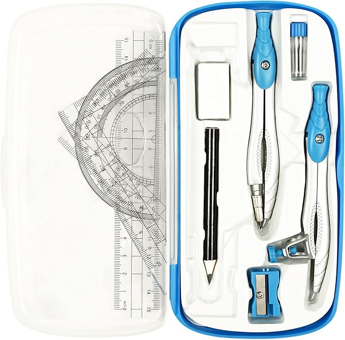 Geometry Set,10 Pcs Protractor and Compass Set, Math and Ruler Set for Students, Class Supplies, and School - Essential Compass Geometry Tools for Precision and Quality (Blue)