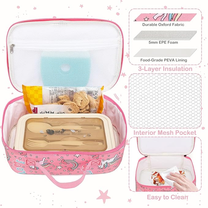 FlowFly Kids Lunch box Insulated Soft Bag Mini Cooler Back to School Thermal Meal Tote Kit for Girls, Boys, Unicorn