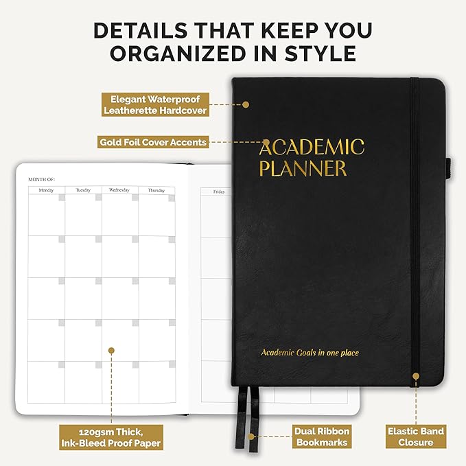 Decorably 240 Pages Gold Foil Monthly & Weekly Undated College Student Planner with Stickers, 6x8.6in Leatherette Hardcover with Goals, Priorities, to-dos, Habit Tracker & Notes - Home, School, Office