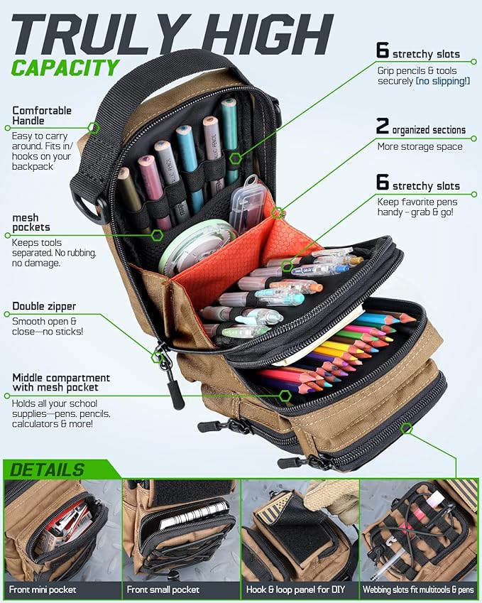 RXW Large Capacity Pencil Pouch for Boys, Tactical EDC Zippered Pencil Bag, Small Tool Pouch for Adults (includes US Flag Patch + 2 MOLLE Straps) (Coyote Brown)