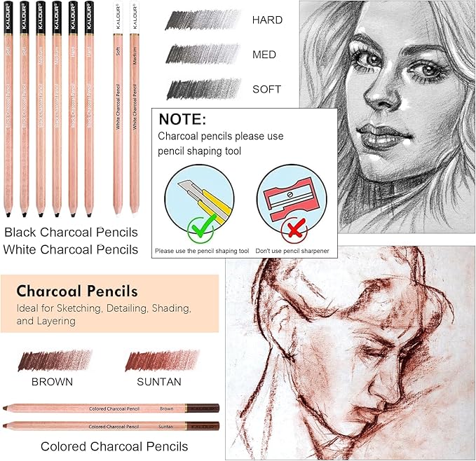 KALOUR PDAS 22pcs Charcoal Drawing Set, Professional Art Supplies, Black & White Charcoal Pencils for Drawing, Sketching, Shading, Blending, Artist Pencils for Beginners & Pro Artists