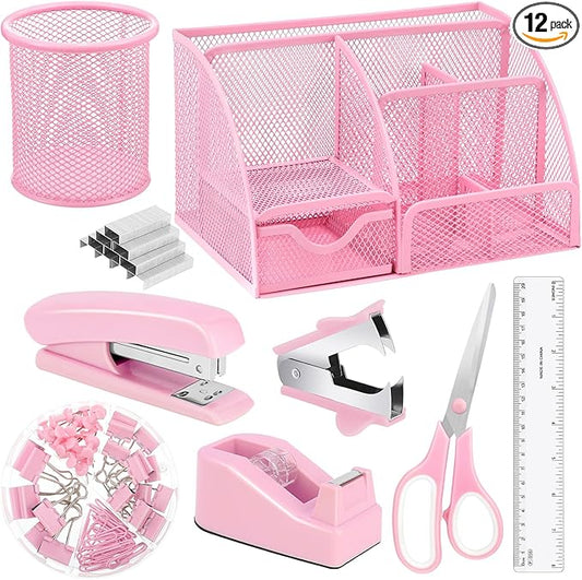 auroray Pink Desk Organizers and Accessories, Pink Office Supplies Include Mesh Desk Organizer, Tape Dispenser, Stapler, 1000 Staples, Staple Remover, Pen Holder, Clips Set, Ruler, Scissors