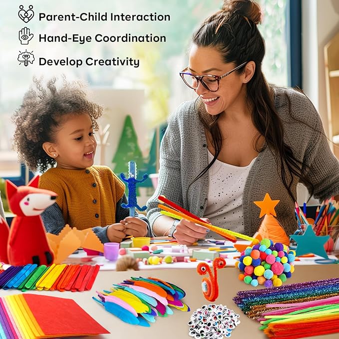 FUNZBO Arts and Crafts Supplies for Kids - Toddler Crafts Kits with Glue Stick Pipe Cleaners Construction Paper Pom Poms Googly Eyes, Crafts for Kids Ages 4-8, Birathday Gifts for Girls