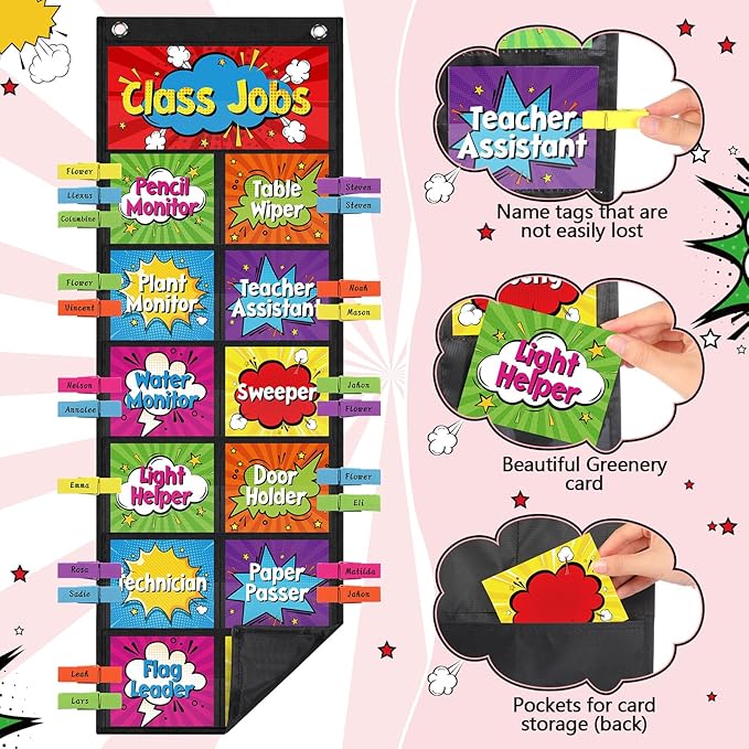 Pasimy Hero Class Jobs Pocket Chart Class Helpers Pocket Chart Classroom Jobs Cards with Clips and Hooks Teacher Helper Bulletin Board Set for Back to School Classroom Teacher Supplies
