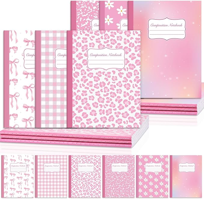6 Pack Large Composition Notebooks Bulk 9.8 × 7.5 in Wide Ruled Hard Cover Composition Book Assorted Marble Journal College Ruled Paper for Adult Student College Office Back to School Supplies(Pink)