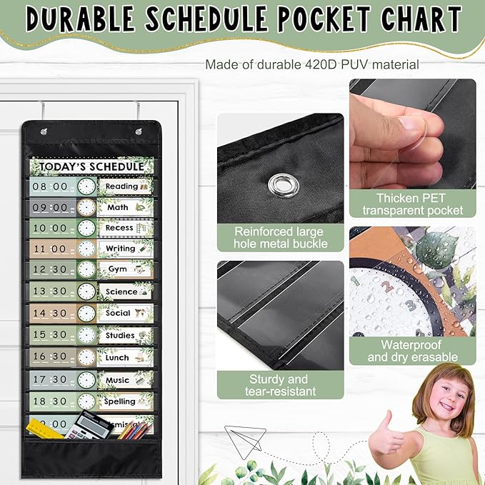 Daily Schedule Pocket Chart for Classroom, 13+1 Pockets with 42 Designed Schedule Cards, Farmhouse Greenery Classroom Kids Daily Schedule Pocket Chart for Home Back to School Classroom Decorations