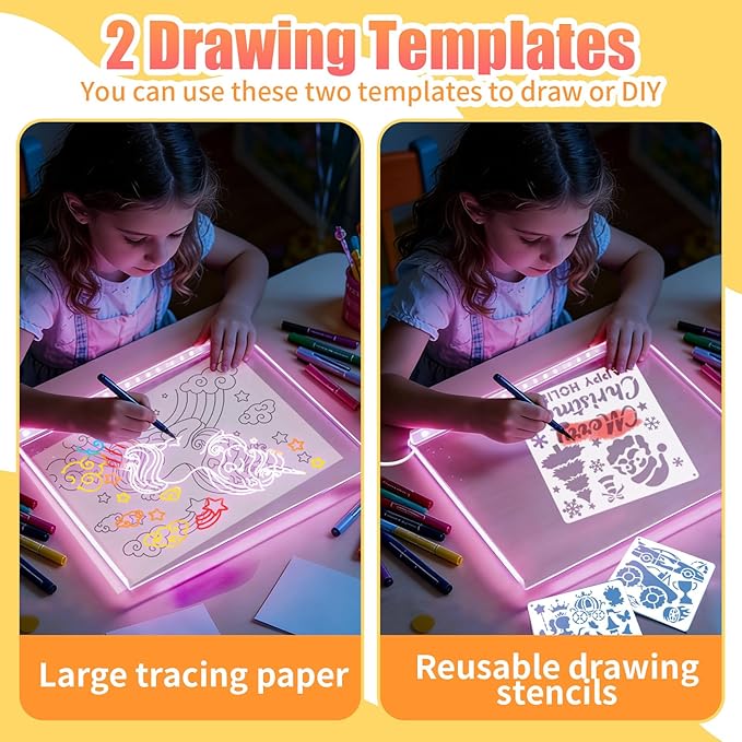 LED Drawing Board for Kids, Large Light Up Writing Tablet, 7 Color Glow Doodle Board with Paint Stencils and Tracking Paper, Birthday Holiday Toy Gift for Boys Girls Age 3+