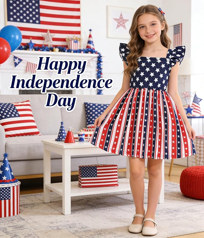Popshion Girls Dresses Flutter Sleeve Swing Sundress Toddler Summer Clothes Kid Birthday Party Sleeveless Dress 1-8 Years Old