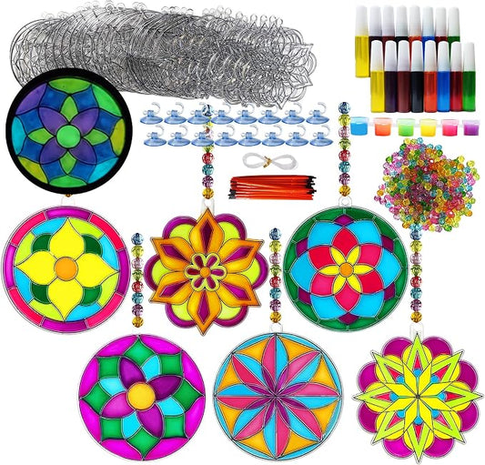 30 Sets Mandala Suncatchers Craft Kits Stained Glass DIY Window Paint Art | 30-piece Flower window art kit with mandala designs, perfect for spring crafts, summer parties, and creative activities