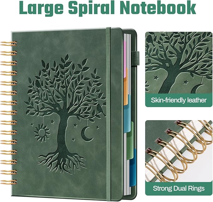 Ovesmusl Hardcover Spiral Notebook 6.1" x 8.4" with 5 Removable Dividers 300 Pages Leather 5 Subject Notebook College Ruled 100GSM Large Spiral Notebooks for Work Thick Lined Journal for Women, Green