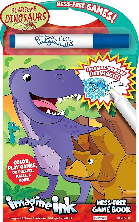 Bendon Dinosaurs Imagine Ink Coloring Book Game Pad with 1 Mess Free Marker, 20 Pages, 54342