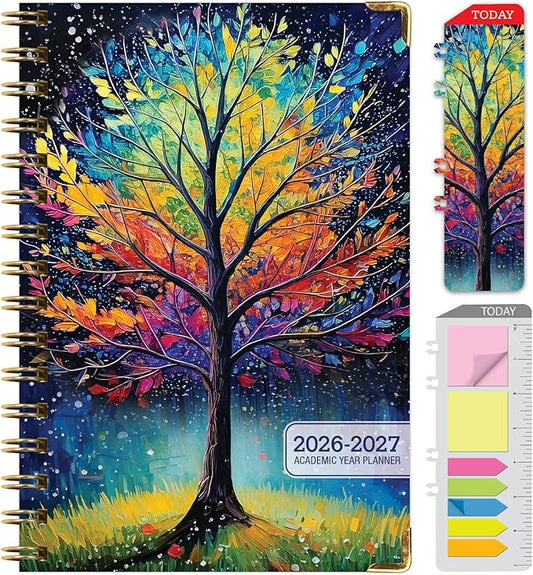 HARDCOVER Academic Year 2026-2027 Planner: 14 Months (May 2026 Through June 2027) 5.5"x 8" Daily Weekly Monthly Planner Yearly Agenda. Bookmark, Pocket Folder and Sticky Note Set (Black Tree Seasons)