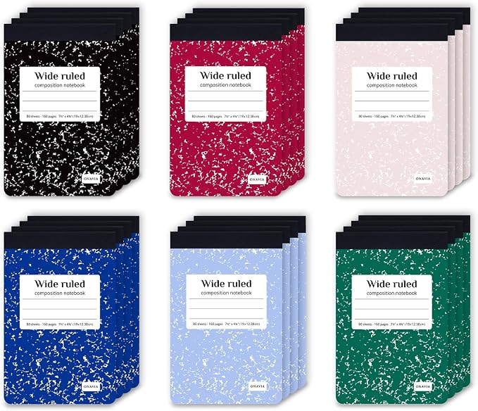 ONAVIA Small Composition Notebook Bulk, Wide Ruled, 160 Pages, Assorted