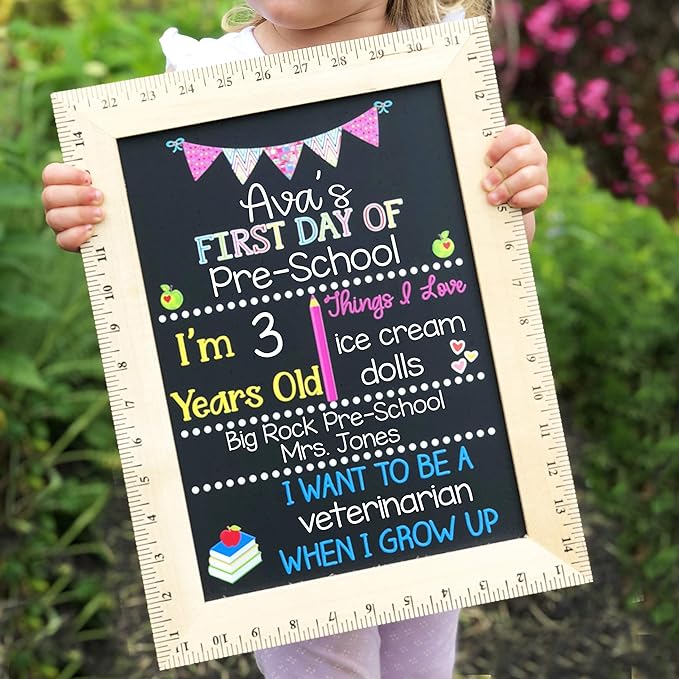 First Day of School Sign (11.5"x15"), Reusable Chalkboard Sign, Easy-to-Clean with Real Wooden Ruler Frame, Handmade in USA by Bloom Owl, Perfect for Back to School, First Day of Kindergarten Girl