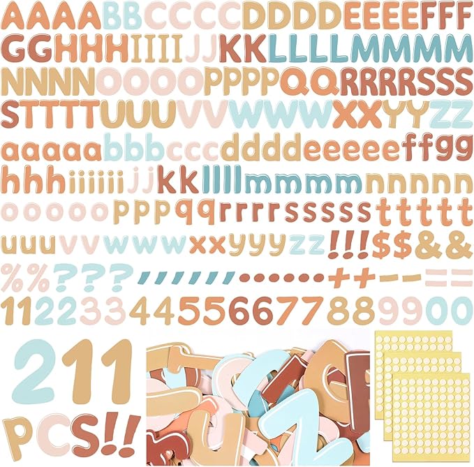 221 Pcs Boho Bulletin Board Letters, Round Alphabet Number Punctuation Symbol Combo Letter Cutouts, Retro Boho Classroom Decor for School Classroom Chalkboard Poster Bulletin Board Wall
