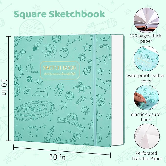 FLYING EAGLE Sketch Book for Kids 10"X 10" Large Hardcover Sketchbook for Drawing 120GSM Thick Paper, Square Art Drawing Paper 120 Pages Sketch Pad for Boys Teens,Gift Boxed, Green