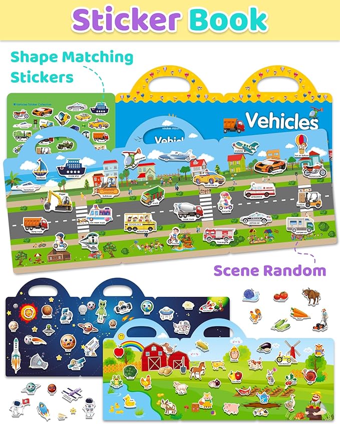 Benresive Reusable Sticker Book for Toddlers, Stickers for Kids, Travel Toys for Arts & Crafts Activities, Birthday Gift for Boys & Girls, Farm, Space and Vehicle Themes