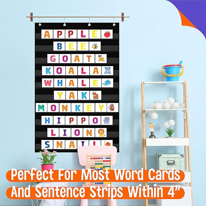 Daily Schedule Pocket Chart, Class Schedule with 10 Clear Pockets Plus 4 Over Door Hangers for Classroom Home School Schedule Organization & Time Management-Fits 4” Sentence Strips & Word Cards