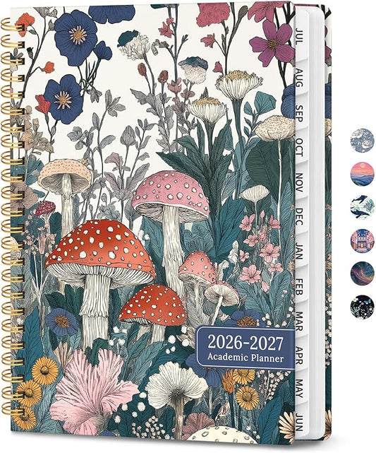 Planner 2026-2027, Hardcover Monthly and Weekly Academic Planner July 2026 - June 2027, Teacher and Student Calendar Agenda Book with Tabs, A5 (6.3" x 8.5"), Ideal for School and Office, Vivid Mushroom