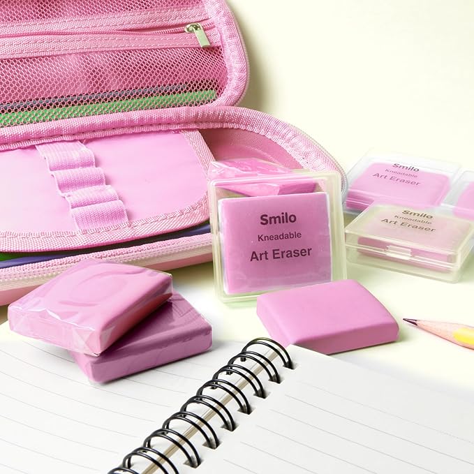 Smilo 8-Pack Pink Kneaded Erasers | Moldable & Dust-Free Putty Eraser | No Smudge Art Eraser with Case for Drawing
