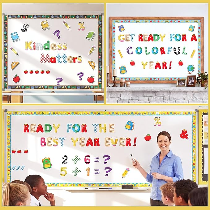 221 Pcs Pencil Apple Ruler Bulletin Board Letters, Round Alphabet Number Punctuation Symbol Combo Letter Cutouts, Colorful Classroom Decor for Summer School Classroom Chalkboard Poster Wall