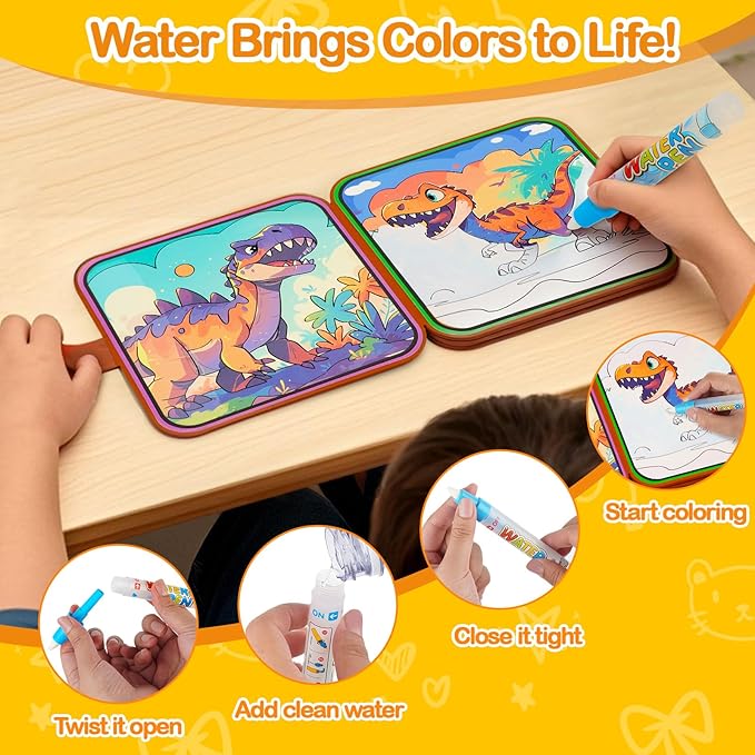 Dinosaur Water Coloring Book Toy for Toddler–Reusable Water Painting Book with Water Pen,Mess Free Coloring Magic Water Book for Kids,Preschool Educational Drawing Travel Toys for Boy/Girl Age 3+
