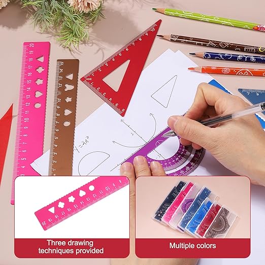 PATIKIL 8 Pcs Geometry Drafting Tool, Aluminum Alloy Geometry Kit Math Tool Includes 20cm L Ruler Protractor Triangles for Drafting Angle Measure Simple Science Experiment, Pink
