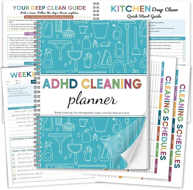 ADHD Cleaning Planner - Undated Blue House Cleaning Schedule & Chore Tracker Checklist for Adults. Dry Erase PVC Spiral Notebook for Daily Weekly Monthly Home Management