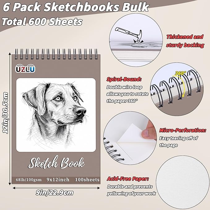 6 Pcs Sketchbook Bulk 9 x 12 In 600 Sheets Top Spiral Bound Sketch Pad Drawing Paper 100 Sheets Each Acid Free Mixed Media Sketch Book 68lb/100gsm Art Supplies for Beginner Artist