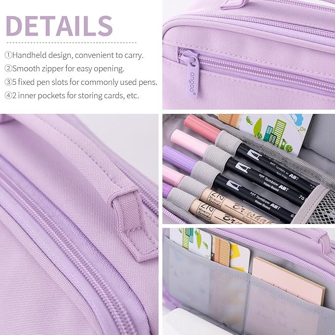 EASTHILL Large Capacity Pencil Case Pen Pouch Organizer Canvas Pencil Bag with Handle School Supplies for Teen Girls-Purple