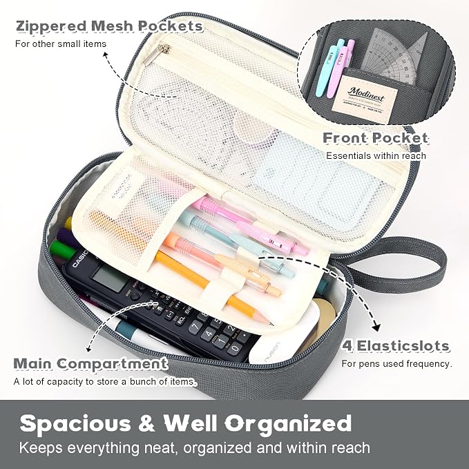 Pencil Case Pouch, Large Capacity Pen Bag Organizer, Cute Aesthetic Pencil Box for Girls Boys Kids, Back to School Supplies, Teacher Supplies Classroom Essentials, Grey