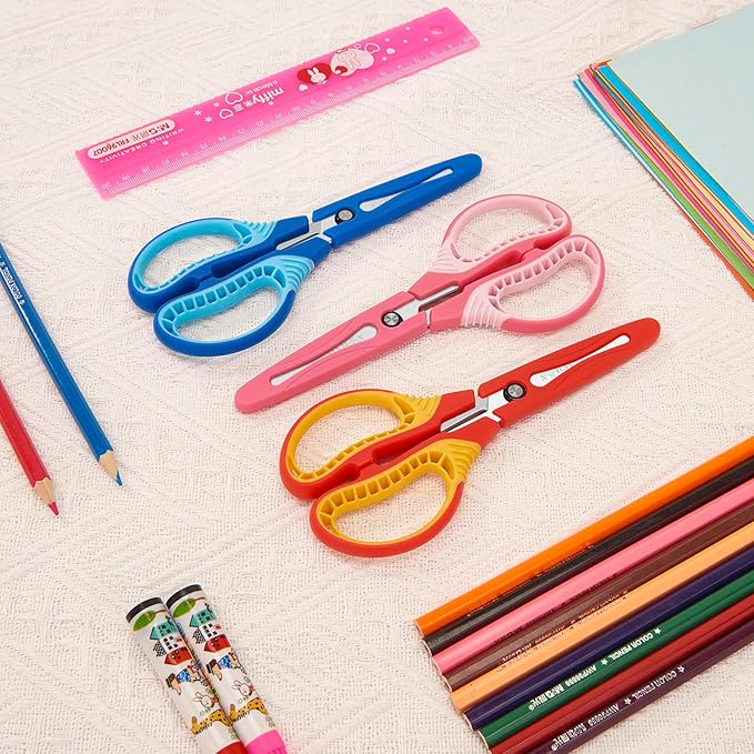 7" Kids Scissors - Pointed Tip Right/Left Scissors with Protective Cover, Soft ABS Grips & Stainless Steel Blades, Ultra Durable for Classroom, Homeschool, Daily Use (3-Pack)