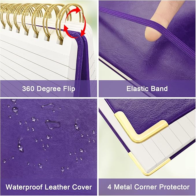Mousbull A5 Top Spiral Notebook, Large Leather Hardcover Top Bound Steno Pads, 240 Pages 100 gsm Thick Lined Paper Left Handed Notebook Journal for Work, School, Meeting Writing - Purple, 5.9" x 8.5"