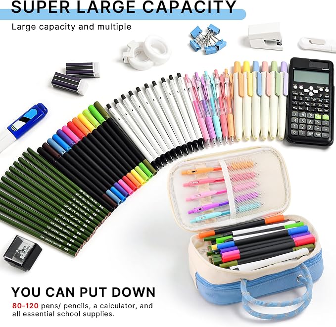 TOPBIDAI Large Pencil Case Pouch School Supplies for Girls Boy Women Men | Big Pencil Bag with 5 Compartments, Easy Grip Handle, Office College School Pencil Box