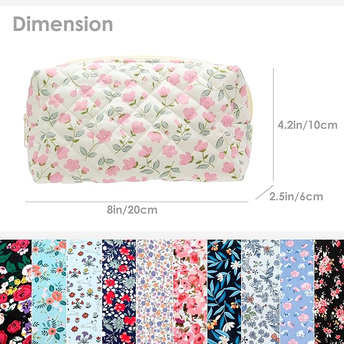PAZIMIIK 2PCS SET Vintage Quilted Makeup Bag Cosmetic Pouch for Brushes Pencils and Travel Make Up Accessories for Women and Girls Flower White