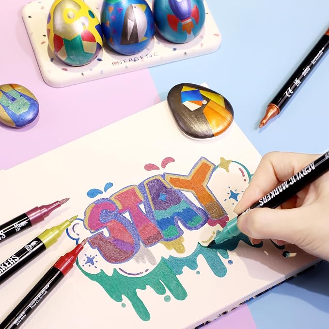 Pagather Metallic Acrylic Paint Markers, 24 Colors Dual Tip Pens Set