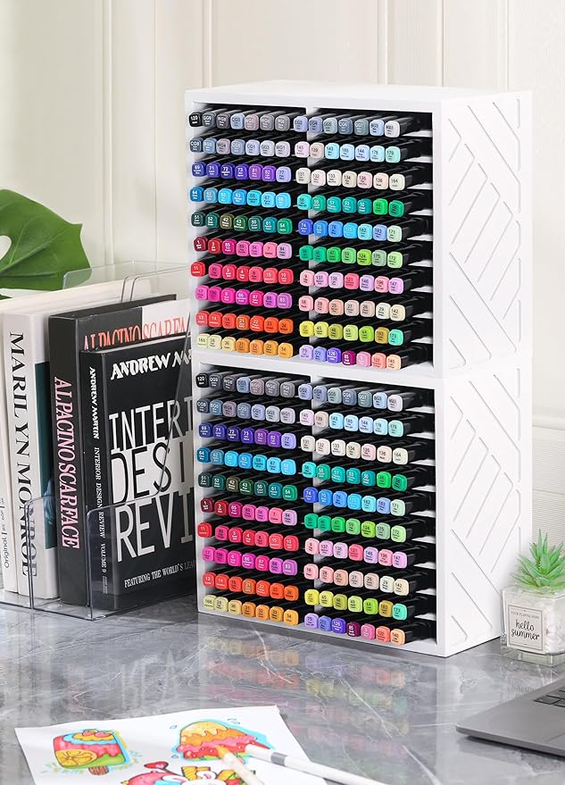 Bamboo Marker Organizer for Desk, Marker Storage Organizer for 140 Markers，Pens, Pencils and Art Brushes，Wooden marker holder for Home, Classroom and Office Decor, White