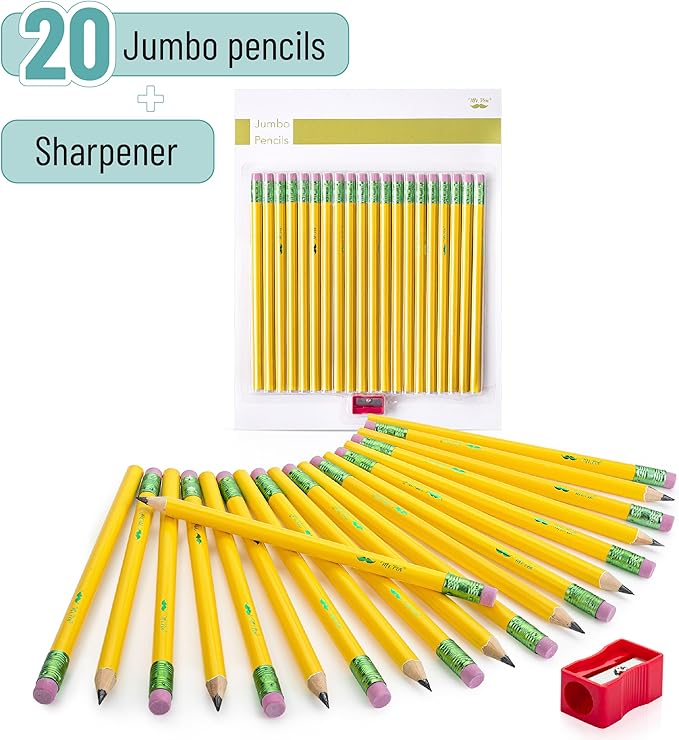 Mr. Pen- Jumbo Pencils, 20 Pack with 1 Sharpener, Yellow Barrels, Smooth Black 2 HB Graphite Cores, Large Preschool Pencils, Smooth Writing Lead for Kindergarten, Kids and School Supplies